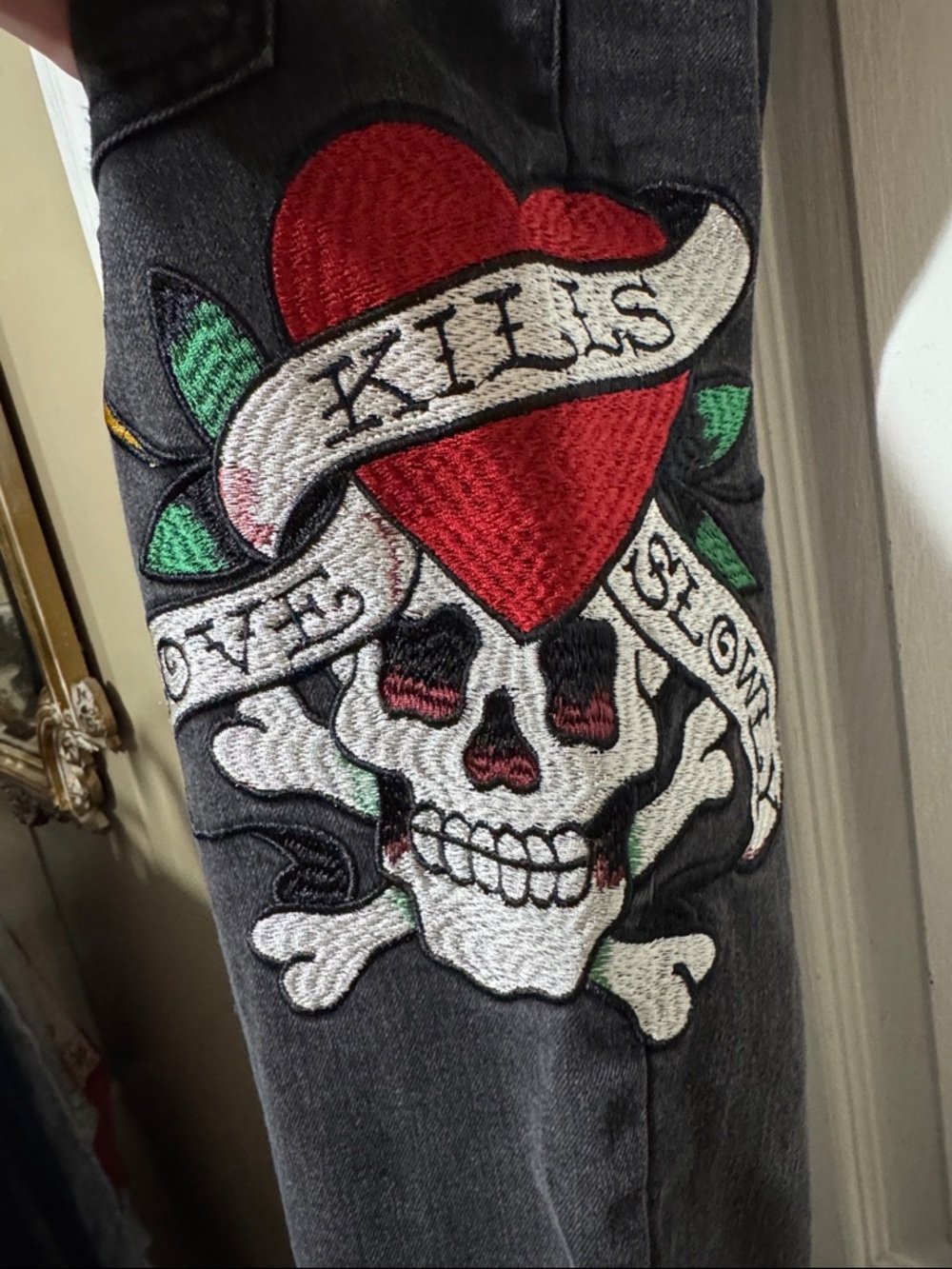 Ed Hardy Black Jeans with Red Heart Skull Patch
